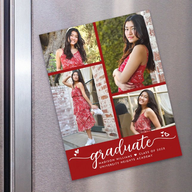 Convite Graduação Vermelha 4 Fotos Script Corações Moderno (Criador carregado)