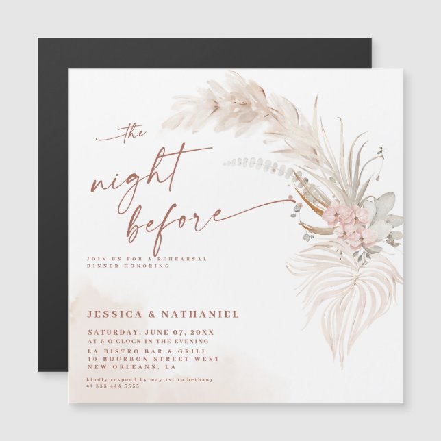 Convite Grama das Pampas Boho Floral A Noite Anterior (Frente/Verso)