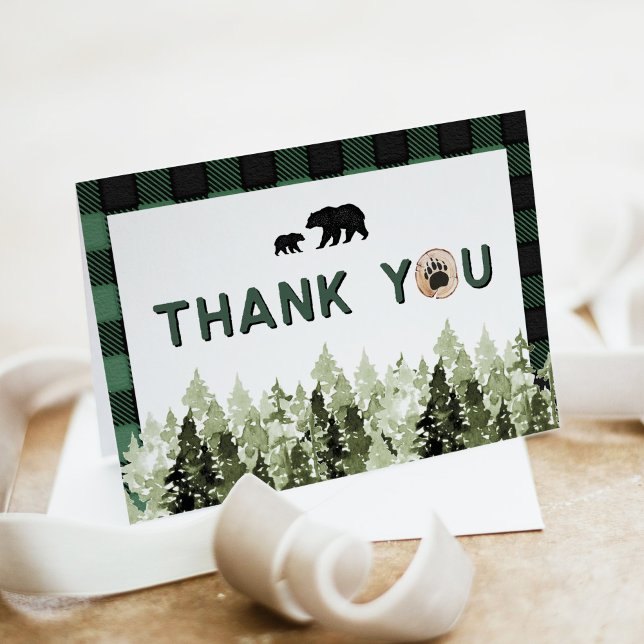 Convite Green Flannel Bear Pine Tree Thank You Card (Criador carregado)