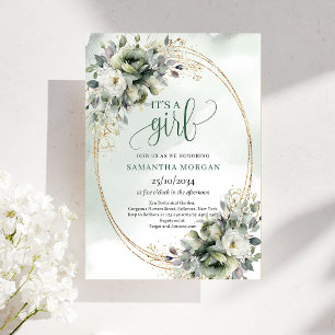 Convite Greenery Botanical Gold É Uma Menina