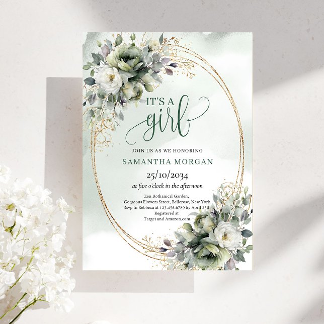 Convite Greenery Botanical Gold É Uma Menina (Greenery Botanical Gold Style It’s A Girl Invitation)
