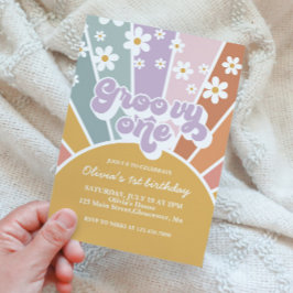 Convite Groovy One Retro Sunshine Rainbow Daisy