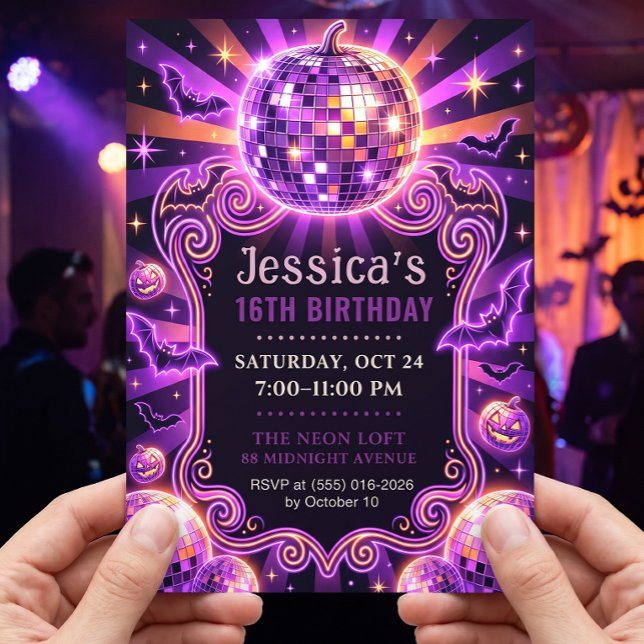 Convite Groovy Purple Disco Pumpkin Sweet 16 (Criador carregado)