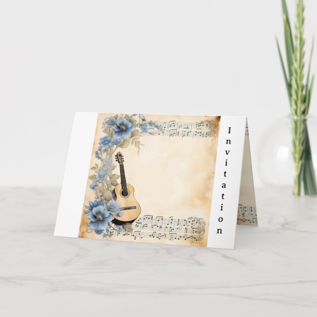 Convite Guitar Music Notes Flores Azul (Frente)