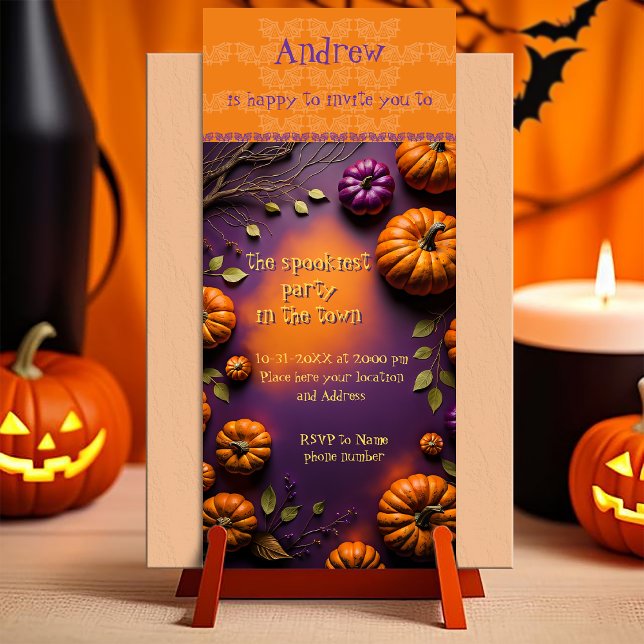 Convite Halloween Pumpkins (Halloween Invitation. customizable illustration full of pumpkins on orange and purple background)