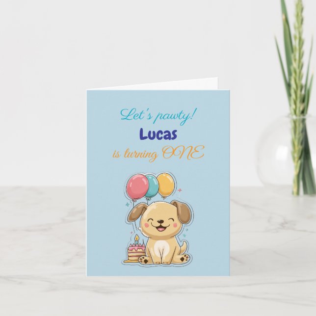Convite Happy Puppy, Boy, Let's Pawty, 1st Birthday, Card, (Frente)