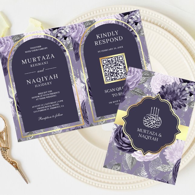 Convite Heather Purple Floral Código QR Casamento Muçulman (Criador carregado)