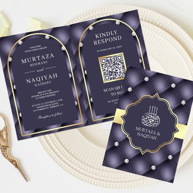 Convite Heather Roxo Tufted Código QR Casamento Muçulmano (Criador carregado)
