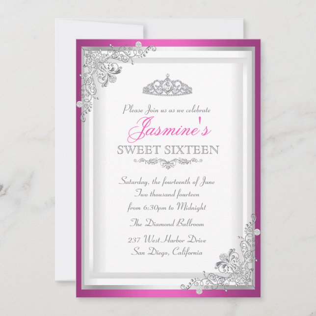 Convite Hot Pink Silver Damask & Tiara Sweet 16 (Frente)