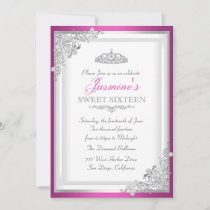 Convite Hot Pink Silver Damask & Tiara Sweet 16