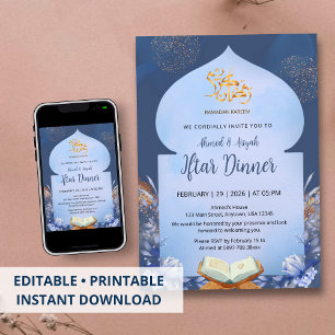 Convite Iftar e Alcorão Azul Aquarela Espiritual