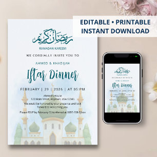 Convite Iftar Mesquita com Cúpula Verde em Aquarel