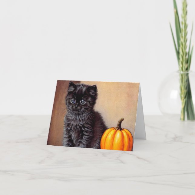 Convite Ilustração Vintage Halloween Black Kitten (Frente)