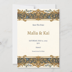 Convite Ímã de Barroco em Azul Dourado para Save the Date