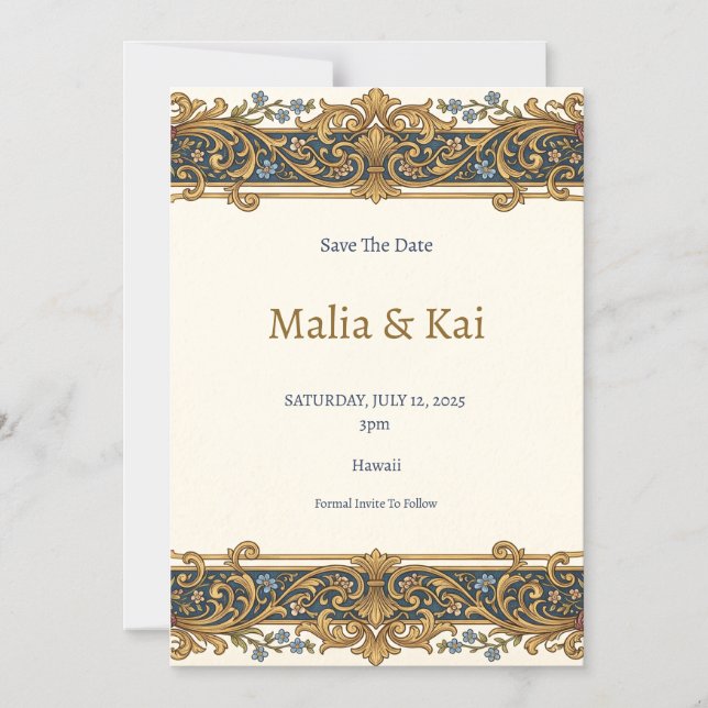 Convite Ímã de Barroco em Azul Dourado para Save the Date (Frente)