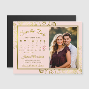 Convite Ímã de Calendário e Foto Dourado e Rosa para Salva