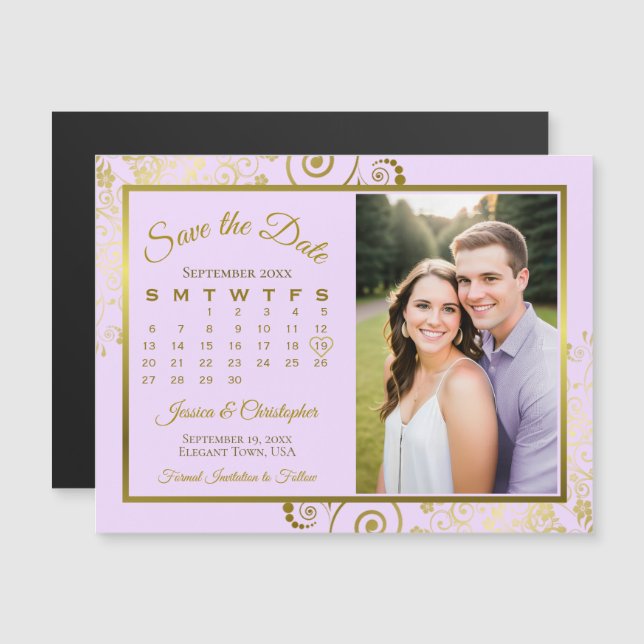 Convite Ímã de Data de Calendário Roxo Lilás Dourado Foto  (Frente/Verso)