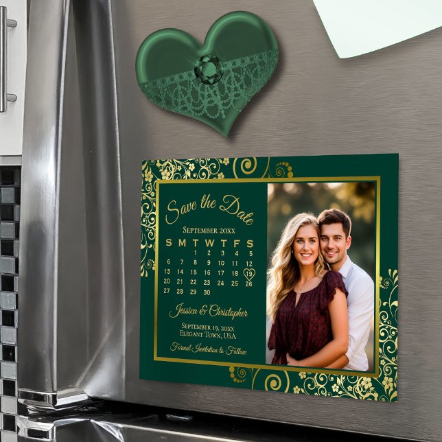 Convite Ímã de Foto de Calendário Esmeralda e Dourado para (Criador carregado)