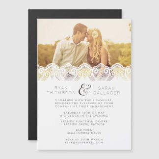Convite Ímã de Foto de Noivado e Casamento Renda Branca