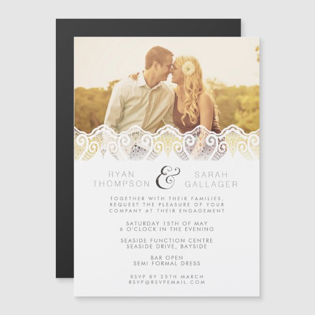 Convite Ímã de Foto de Noivado e Casamento Renda Branca (Frente/Verso)