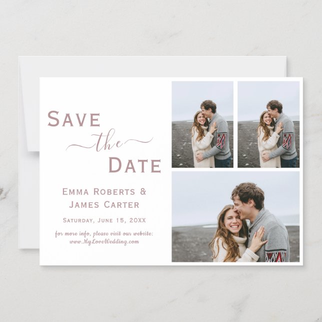 Convite Ímã de Save the Date de 3 Fotos em Rose Gold (Frente)