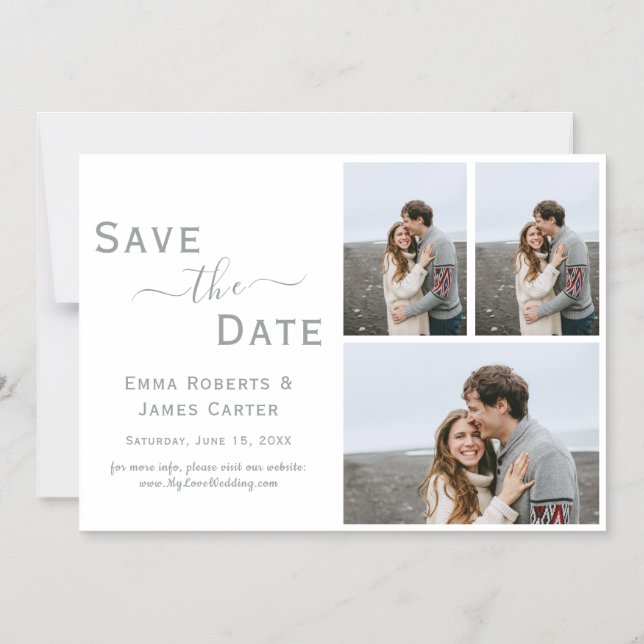 Convite Ímã de Save the Date de Foto Prata 3 (Frente)