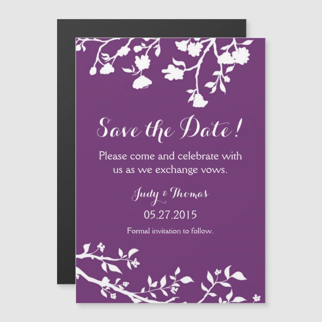 Convite Imã salve a data de Flor Branca Roxo de ameixa (Frente/Verso)