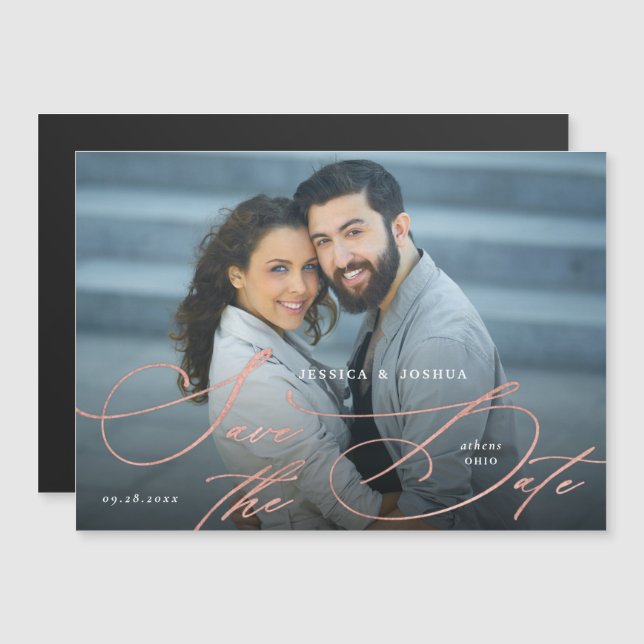 Convite Imã salve a data Elegante de Caligrafia Dourada (Frente/Verso)