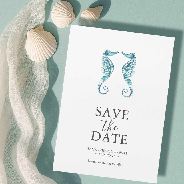 Convite Imã salve o dia de Casamento de Praia (Beach wedding looks watercolor seahorse art by Victoria Grigaliunas of Do Tell A Belle)
