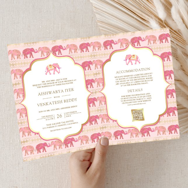 Convite Índio elefante rosa e Dourado, tudo em um casament (Criador carregado)