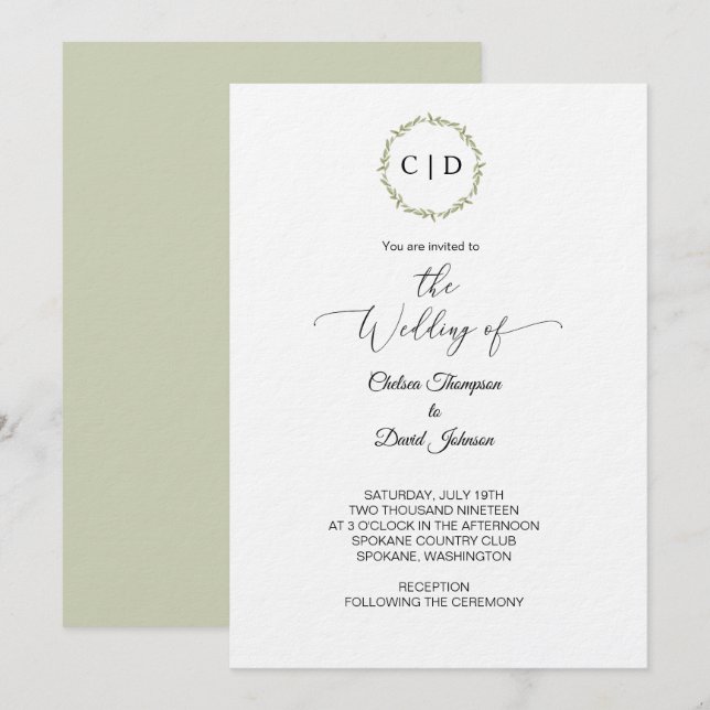 Convite Inicial de Monograma com Cor de Água Mínim (Frente/Verso)