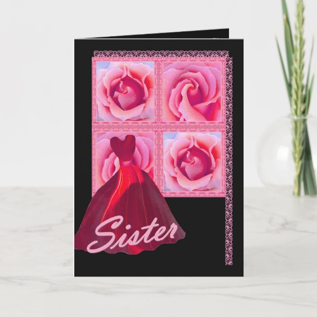 Convite IRMÃ - dama de honra - vestido vermelho, rosas (Frente)