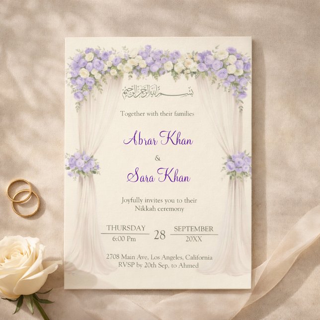 Convite Islâmico Nikkah Floral Lavanda e Marfim  (Criador carregado)