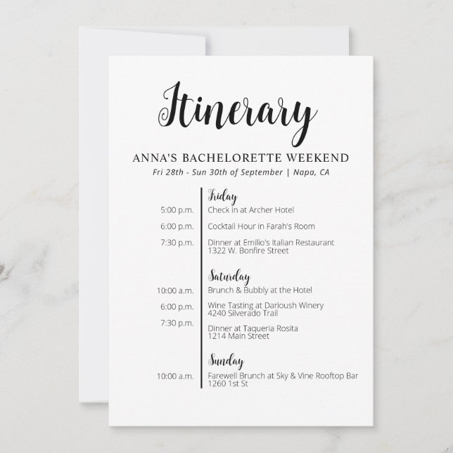 Convite Itinerário de Bachelorette Minimalista (Frente)