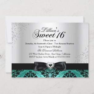 Convite Jade Black Damask Brilho Sweet 16