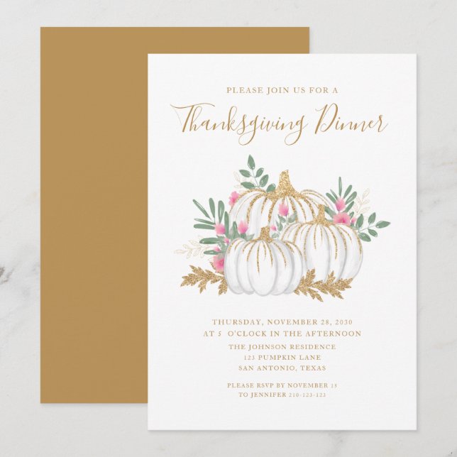 Convite Jantado para Ação de Graças para Abóbora (Frente/Verso)