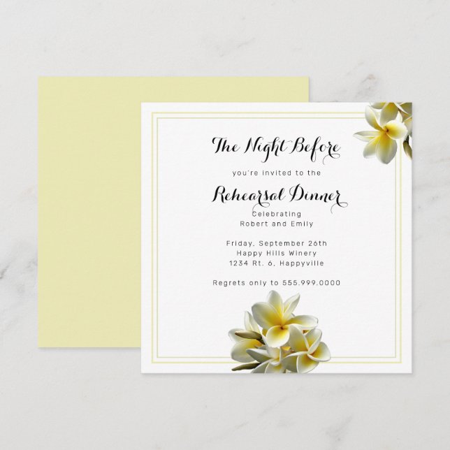Convite Jantado Quadrado para Ensaios de Plumeria  (Frente/Verso)