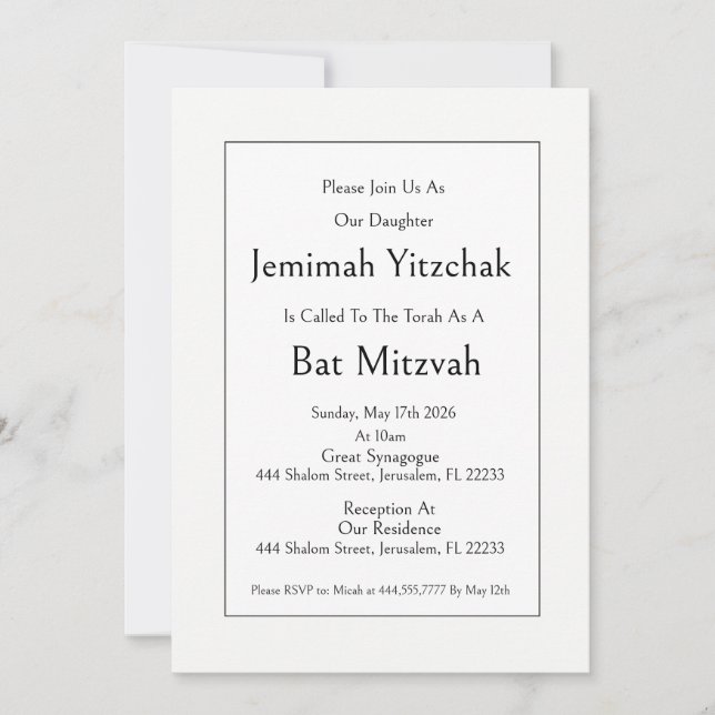 Convite Judaico Bat Mitzvah, Minimalista Moderno (Frente)