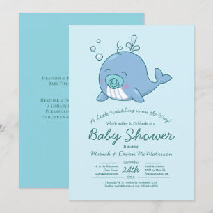 Convite Kawaii Azul de Churrasco de Bebê Baleia Fo
