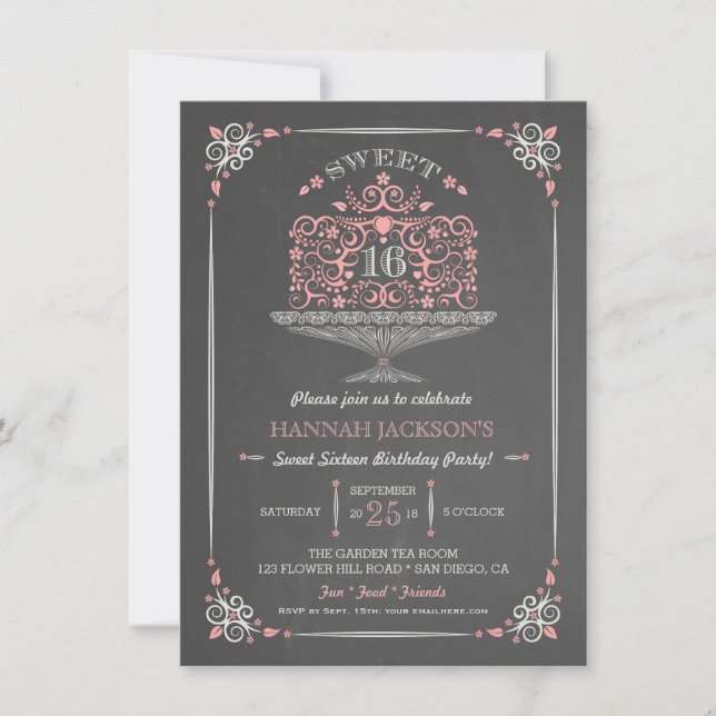 Convite laçado do bolo do doce dezesseis do quadro (Frente)