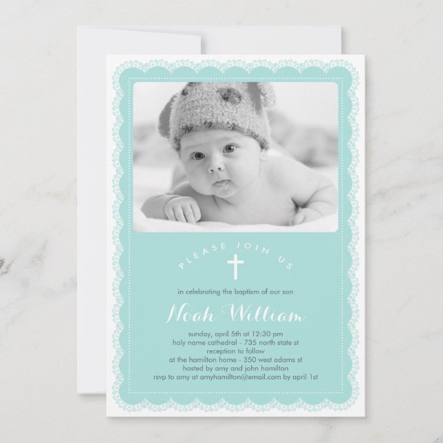 Convite Lace Baptism Bonito - Azul (Frente)