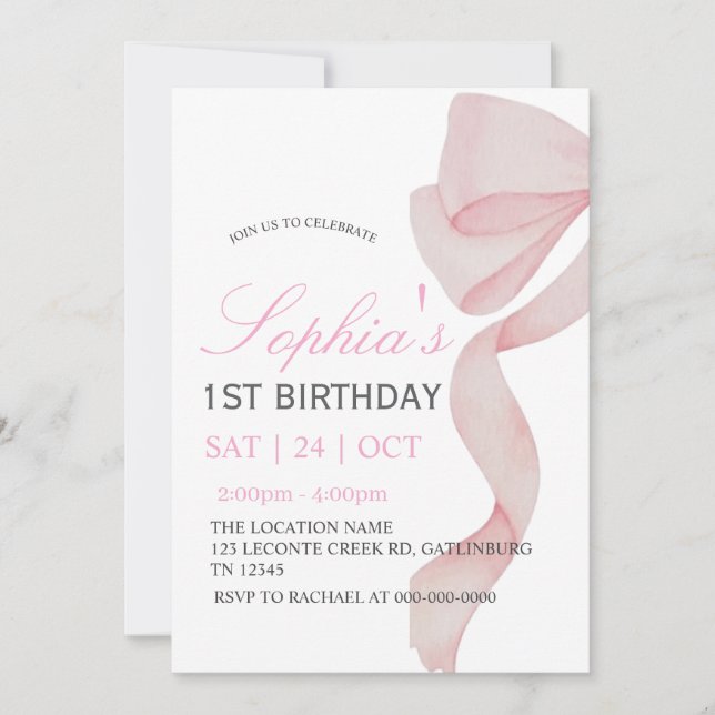 Convite Laço Rosa Menina 1º Aniversário F (Frente)
