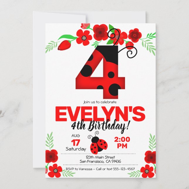 Convite Ladybug para o quarto aniversário (Frente)