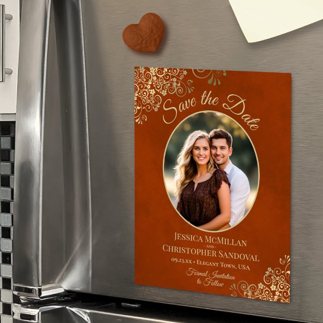Convite Laranja Enferrujado & Dourado Casamento Salvar Dat (Magnetic Back for Easy Display!)