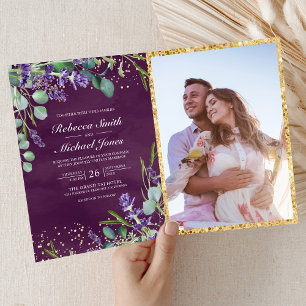 Convite Lavanda Eucalipto Código QR de Foto Roxo Casamento