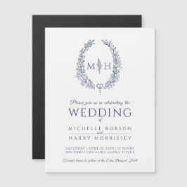 Convite Leaf oval line art marinho de casamento azul e bra