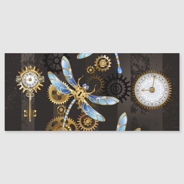 Convite Libélulas Steampunk em fundo listrado marrom (Frente)