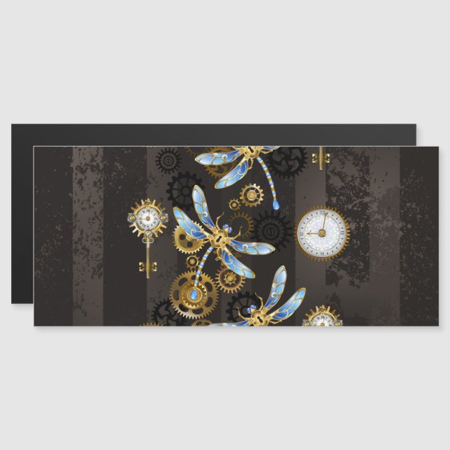 Convite Libélulas Steampunk em fundo listrado marrom (Frente/Verso)