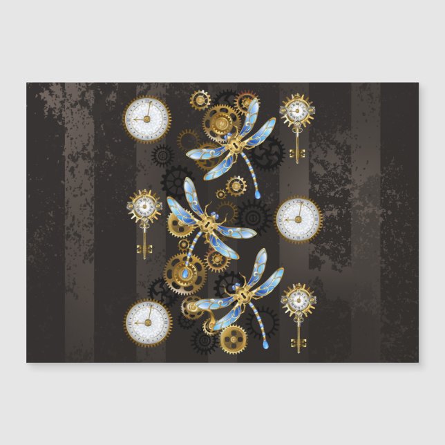 Convite Libélulas Steampunk em fundo listrado marrom (Frente)