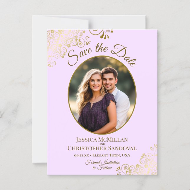Convite Lilac & Gold Posh Wedding Save the Date Oval Photo (Frente)